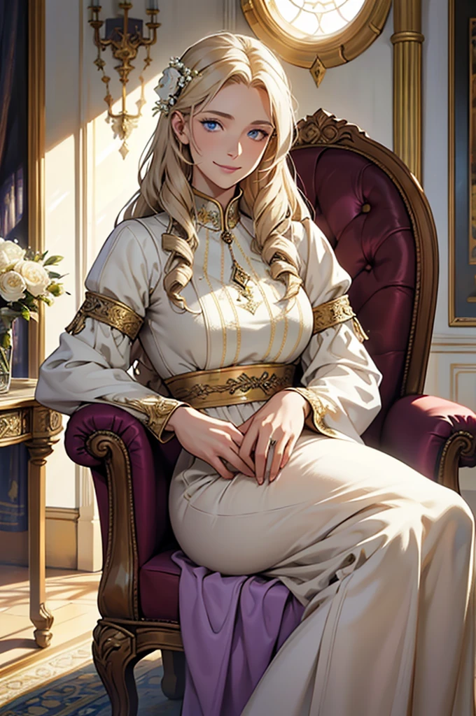 35 year old woman, with defined facial features, shy smile, clear skin, long curly hair, pale gold color, blue eyes, wearing a medieval purple nobility dress, sitting in a brown armchair, with hands in lap (detailed hands) classic painting, large window in the background, flowery balcony, White flowers