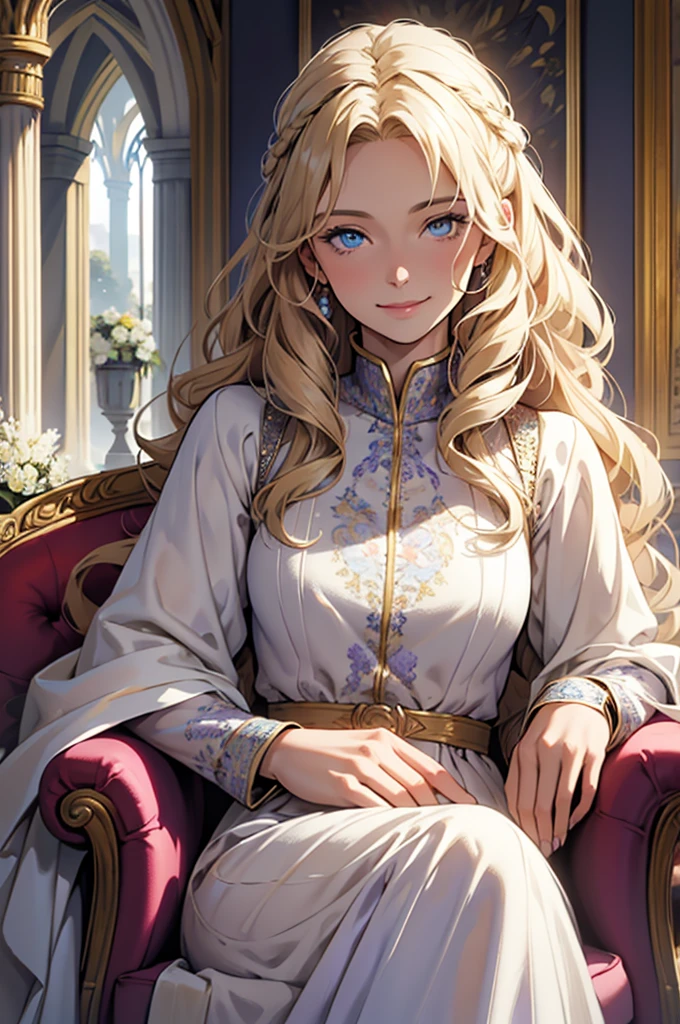 35 year old woman, with defined facial features, shy smile, clear skin, long curly hair, pale gold color, blue eyes, wearing a medieval purple nobility dress, sitting in a brown armchair, with hands in lap (detailed hands) classic painting, large window in the background, flowery balcony, White flowers