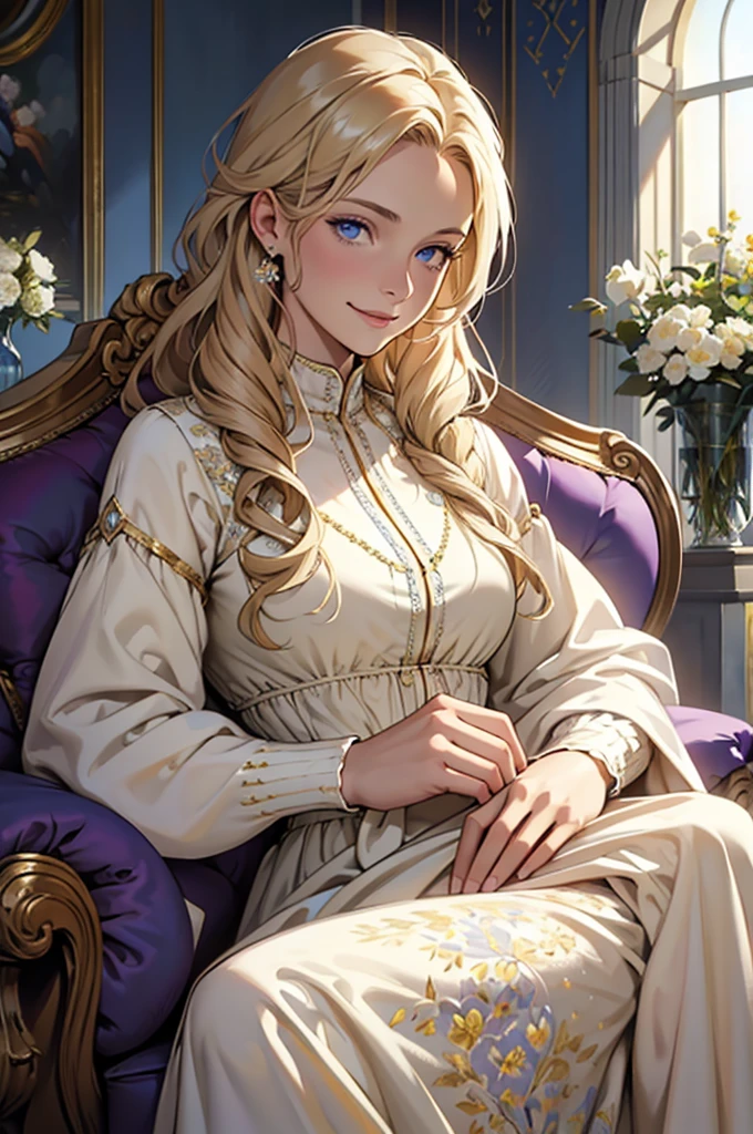 35 year old woman, with defined facial features, shy smile, clear skin, long curly hair, pale gold color, blue eyes, wearing a medieval purple nobility dress, sitting in a brown armchair, with hands in lap (detailed hands) classic painting, large window in the background, flowery balcony, White flowers