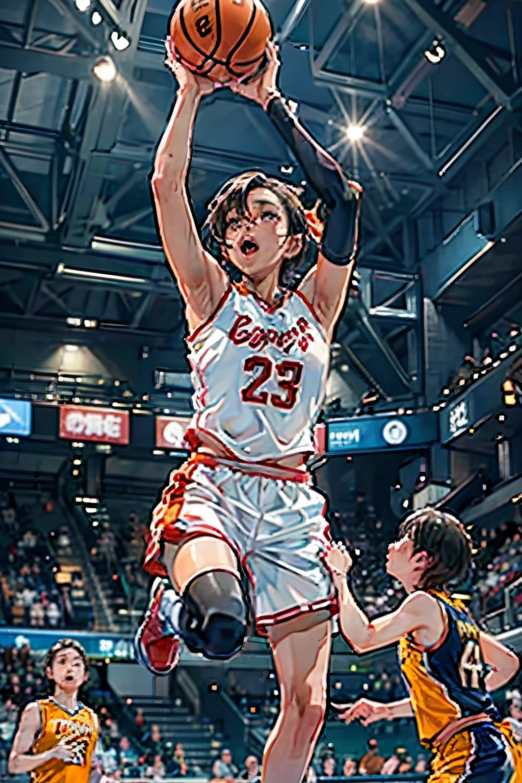 ((女子バスケットball選手))、(The moment the slam dunk is decided:1.4)、(Dunk Shot:1.4)、(Jumping Chute:1.4)、(Goal Post、ball)、Young and beautiful girl、美しい顔のdetailedな描写、alone、Close-up、Motion Blur、Dynamic Angle、stadium lighting、Blur the background、8Kdetailed、(detailed、masterpiece、Highest quality)、