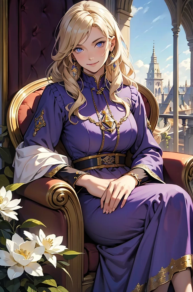 35 year old woman, with defined facial features, shy smile, clear skin, long curly hair, pale gold color, blue eyes, wearing a medieval purple nobility dress, sitting in a brown armchair, with hands in lap (detailed hands) classic painting, large window in the background, flowery balcony, White flowers