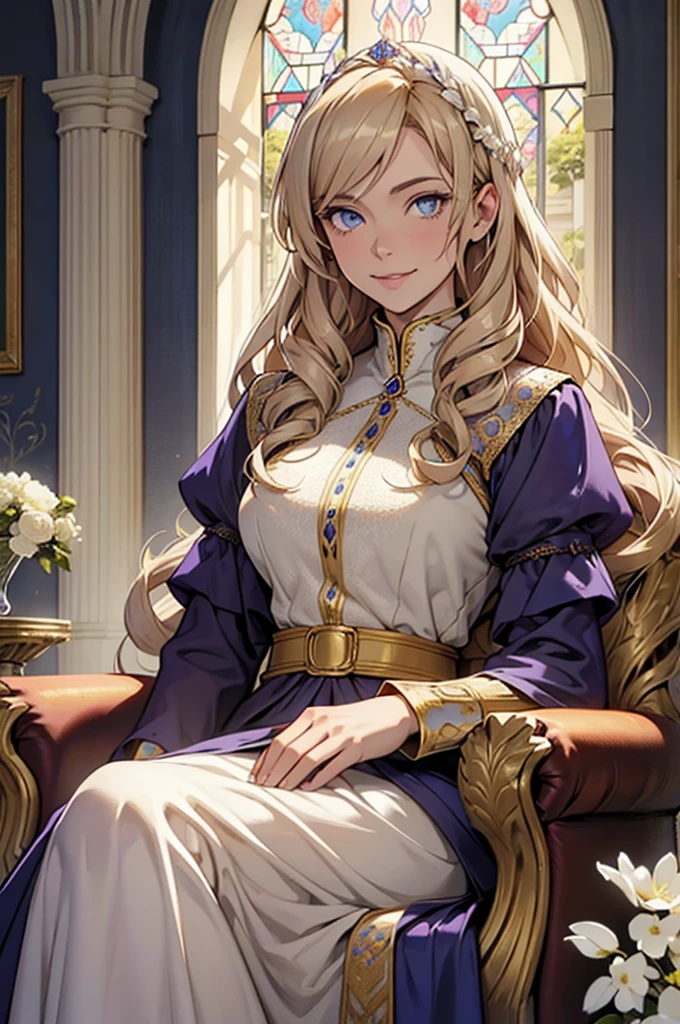 35 year old woman, with defined facial features, shy smile, clear skin, long curly hair, pale gold color, blue eyes, wearing a medieval purple nobility dress, sitting in a brown armchair, with hands in lap (detailed hands) classic painting, large window in the background, flowery balcony, White flowers