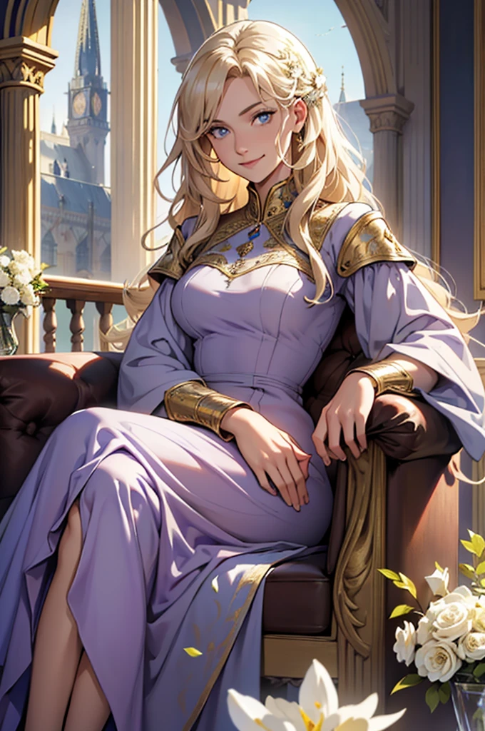 35 year old woman, with defined facial features, shy smile, clear skin, long curly hair, pale gold color, blue eyes, wearing a medieval purple nobility dress, sitting in a brown armchair, with hands in lap (detailed hands) straight legs, classic painting, large window in the background, flowery balcony, White flowers