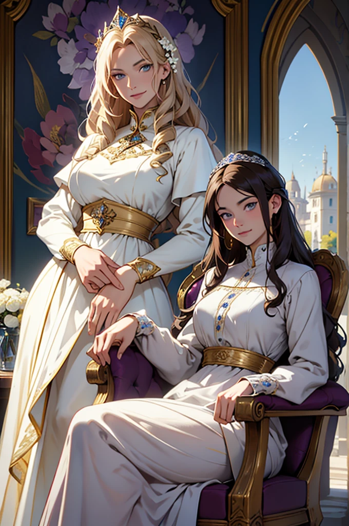 35 year old woman, with defined facial features, shy smile, clear skin, long curly hair, pale gold color, blue eyes, wearing a medieval purple nobility dress, sitting in a brown armchair, with hands in lap (detailed hands) straight legs, classic painting, large window in the background, flowery balcony, White flowers