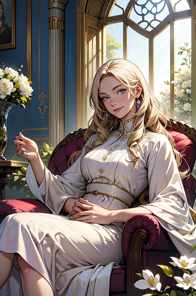 35 year old woman, with defined facial features, shy smile, clear skin, long curly hair, pale gold color, blue eyes, wearing a medieval purple nobility dress, sitting in a brown armchair, with hands in lap (detailed hands) straight legs, classic painting, large window in the background, flowery balcony, White flowers