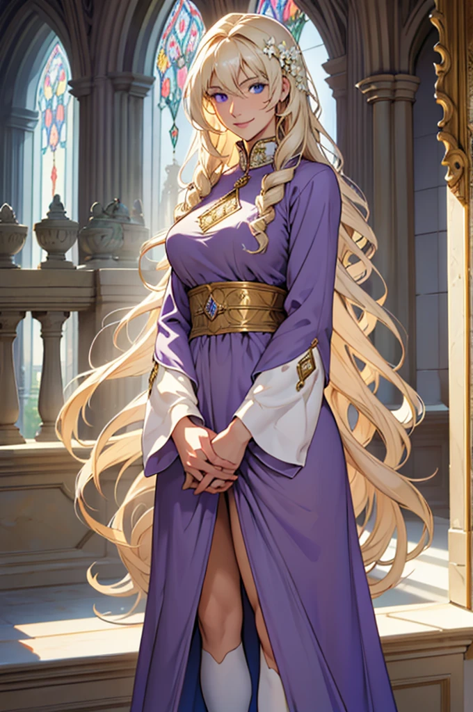 35 year old woman, with defined facial features, shy smile, clear skin, long curly hair, pale gold color, blue eyes, wearing a medieval purple nobility dress, posing standing, with hands in lap (detailed hands) straight legs, classic painting, large window in the background, flowery balcony, White flowers