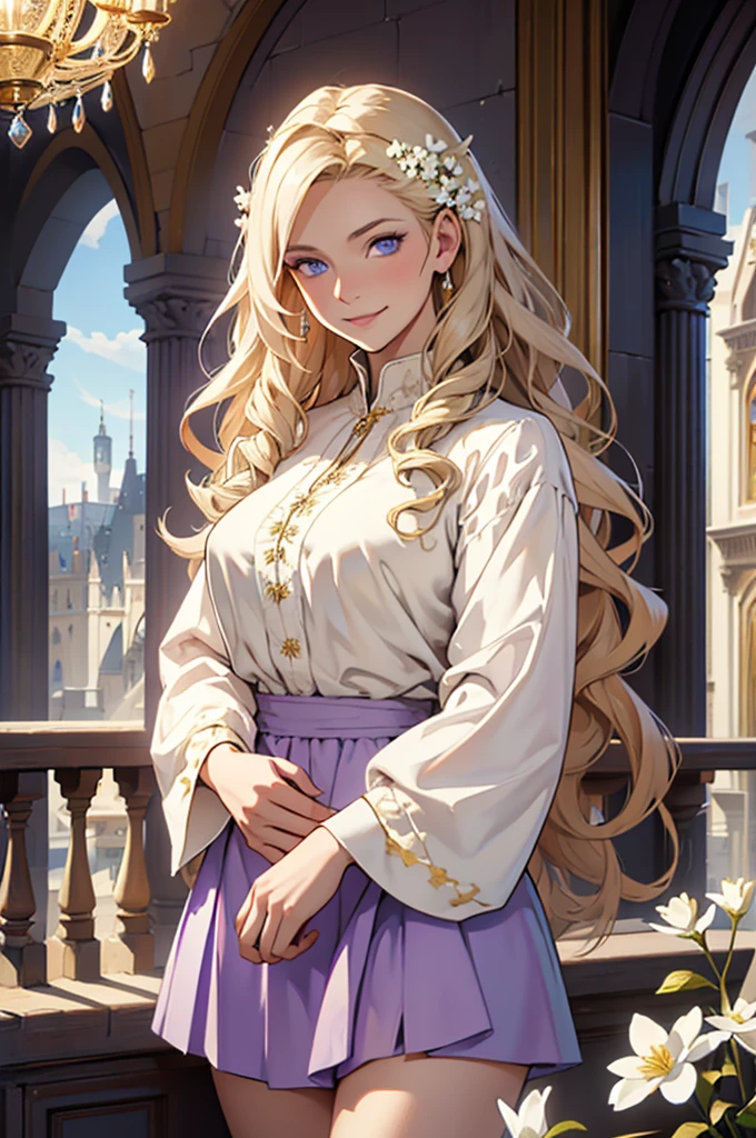 35 year old woman, with defined facial features, shy smile, clear skin, long curly hair, pale gold color, blue eyes, wearing a medieval nobility dress, white blouse and purple skirt, posing standing, with hands in lap (detailed hands) straight legs, classic painting, large window in the background, flowery balcony, White flowers