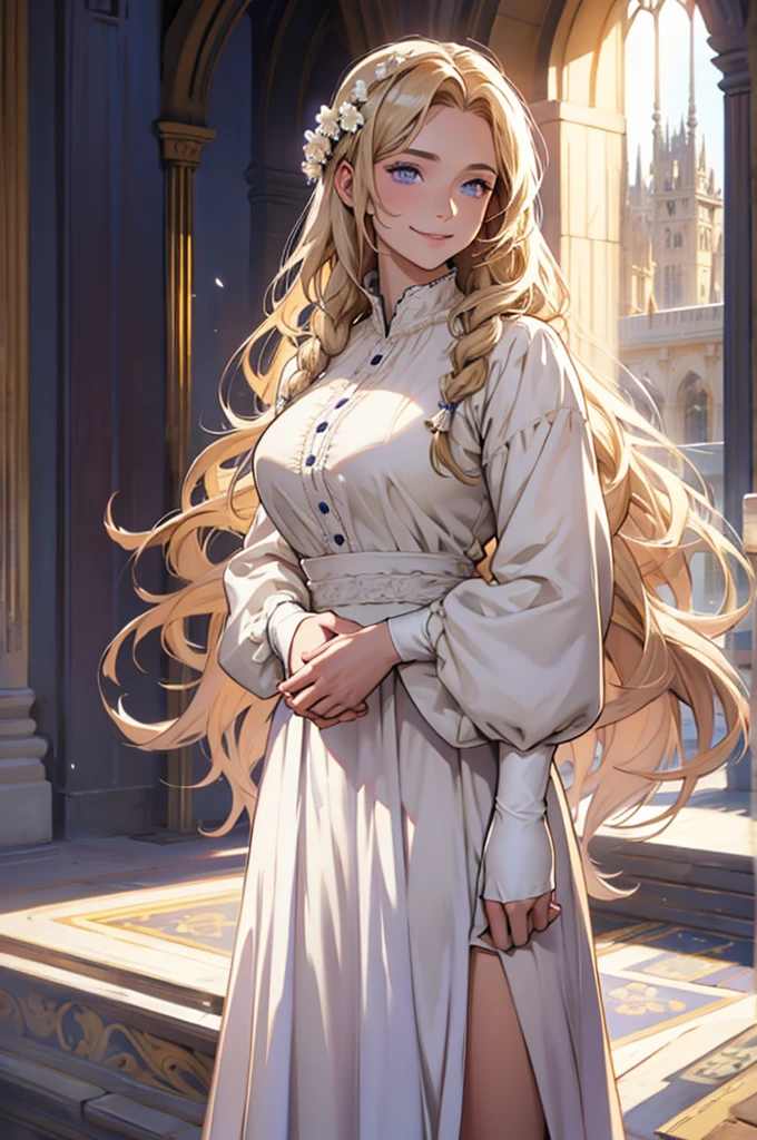 35 year old woman, with defined facial features, shy smile, clear skin, long curly hair, pale gold color, blue eyes, wearing a medieval nobility dress, white blouse with long sleeves and long skirt with several purple layers, posing standing, with hands in lap (detailed hands) straight legs, classic painting, large window in the background, flowery balcony, White flowers