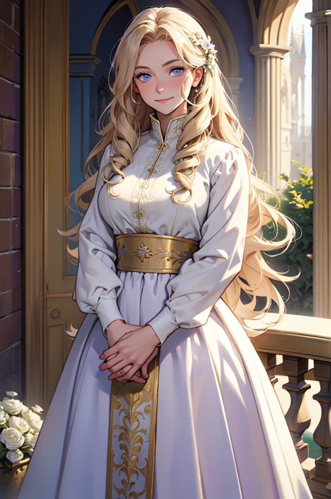 35 year old woman, with defined facial features, shy smile, clear skin, long curly hair, pale gold color, blue eyes, wearing a medieval nobility dress, white blouse with long sleeves and long skirt with several purple layers, posing standing, with hands in lap (detailed hands) straight legs, classic painting, large window in the background, flowery balcony, White flowers