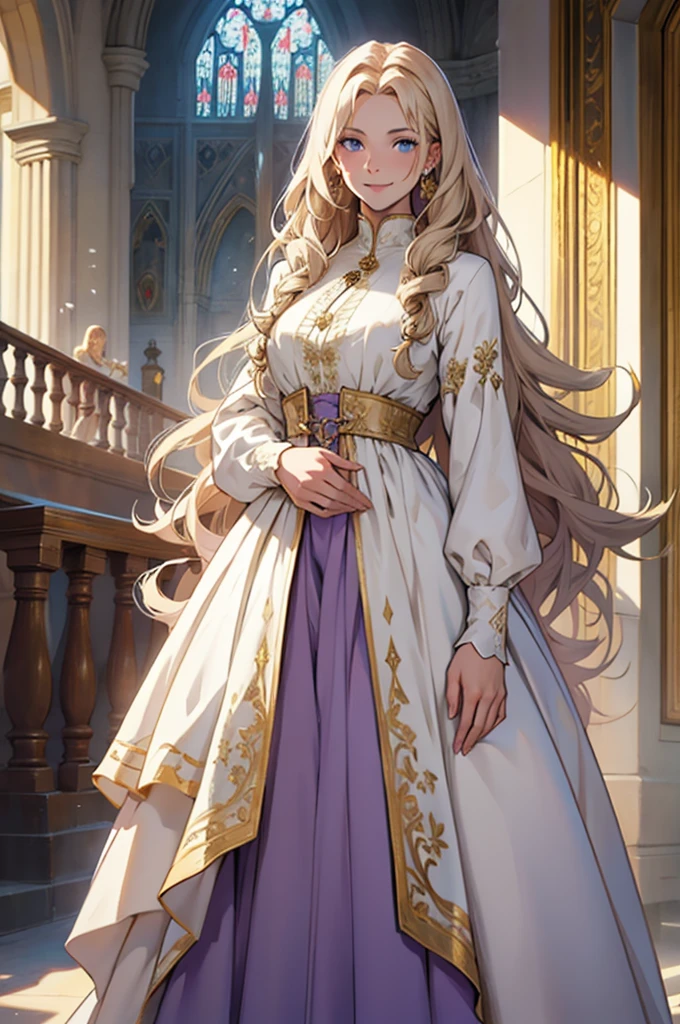 35 year old woman, with defined facial features, shy smile, clear skin, long curly hair, pale gold color, blue eyes, wearing a medieval nobility dress, white blouse with long sleeves and long skirt with several purple layers, posing standing, with hands in lap (detailed hands) straight legs, classic painting, large window in the background, flowery balcony, White flowers