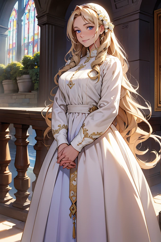 35 year old woman, with defined facial features, shy smile, clear skin, long curly hair, pale gold color, blue eyes, wearing a medieval nobility dress, white blouse with long sleeves and long skirt with several purple layers, posing standing, with hands in lap (detailed hands) straight legs, classic painting, large window in the background, flowery balcony, White flowers