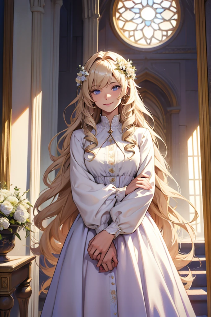 35 year old woman, with defined facial features, shy smile, clear skin, long curly hair, pale gold color, blue eyes, wearing a medieval nobility dress, white blouse with long sleeves and long skirt with several purple layers, posing standing, with hands in lap (detailed hands) straight legs, classic painting, large window in the background, flowery balcony, White flowers