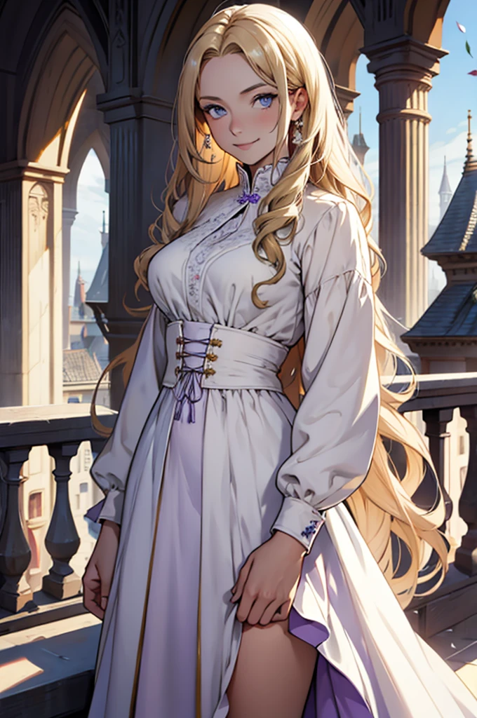 35 year old woman, with defined facial features, shy smile, clear skin, long curly hair, pale gold color, blue eyes, wearing a medieval nobility dress, white blouse with long sleeves and long skirt with several purple layers, posing standing, with hands in lap (detailed hands) straight legs, classic painting, large window in the background, flowery balcony, White flowers