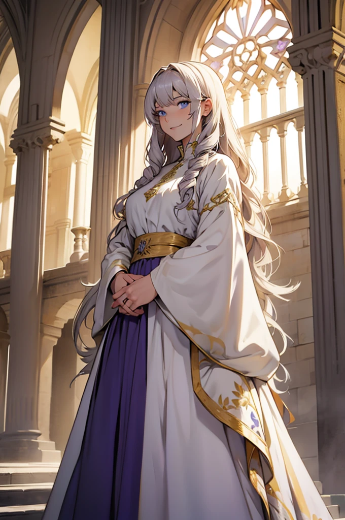 35 year old woman, with defined facial features, shy smile, clear skin, long curly hair, pale gold color, blue eyes, wearing a medieval nobility dress, white blouse with long sleeves and long skirt with several purple layers, posing standing, with hands in lap (detailed hands) straight legs, classic painting, large window in the background, flowery balcony, White flowers