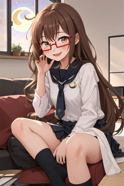 highest quality, masterpiece, high resolution, alone, {full moon_fleet collection:1.15}, long hair, brown hair, glasses, brown_e...