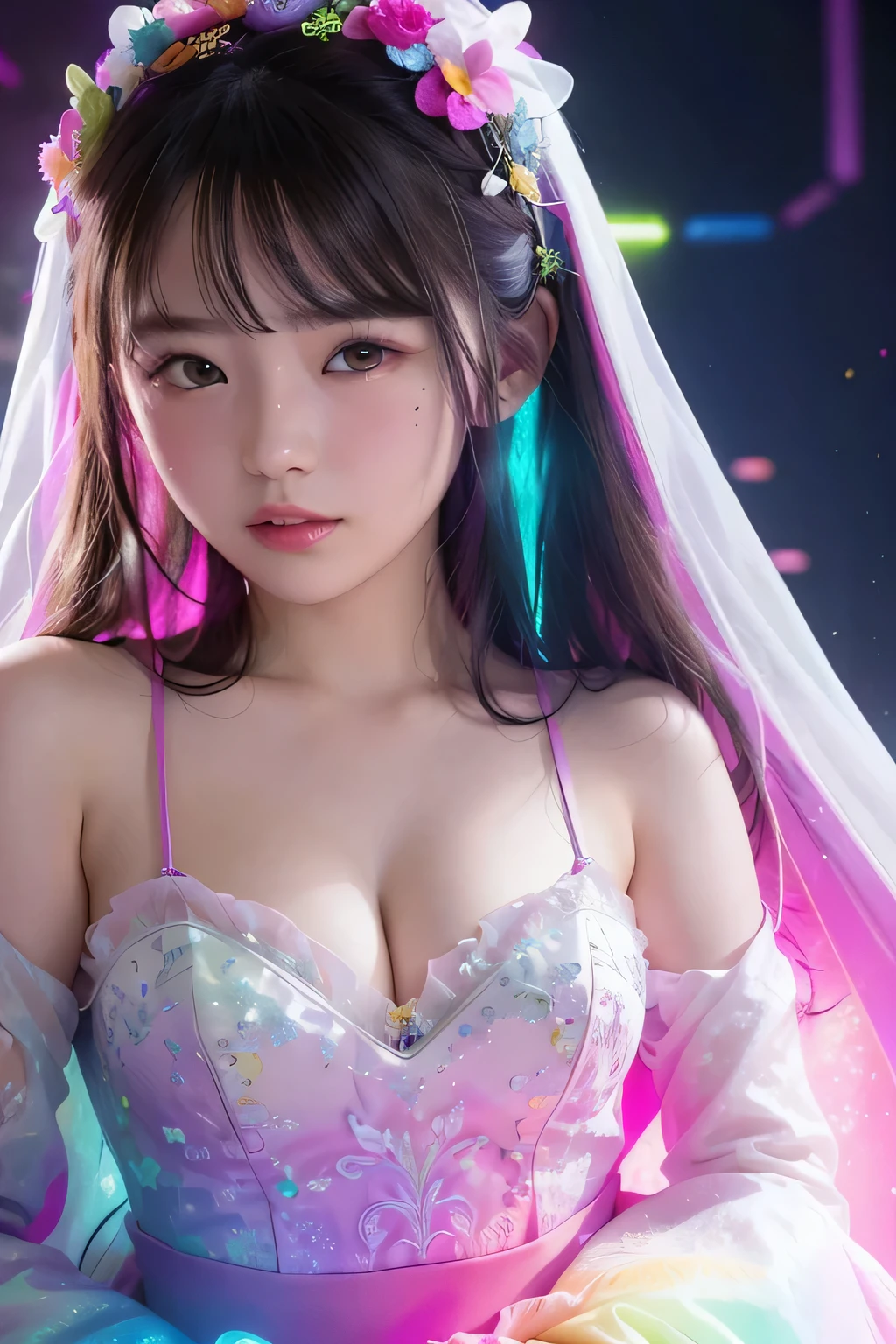 (Close-up), Portrait, Portrait, (solo), masterpiece, Highest quality, High contrast in clothing, psychedelic, [[[lsd]]], particle, Bloom, Neon lighting, (Glow), Flat Color, Color Splash、Color mashing、(Wedding dress)、(Open Front:1.4)