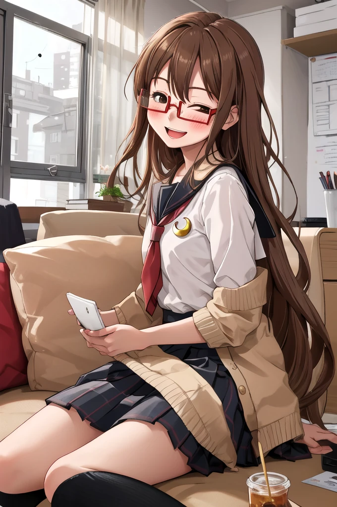 Highest quality, masterpiece, High resolution, alone, {full moon_Fleet Collection:1.15}, Long Hair, Brown Hair, Glasses, brown_eye, red-framed_Glasses, semi-rimless_Glasses, Crescent Moon, black_Seraphim, blush, Under Rim_Glasses, One girl, Closed_eye, Open_mouth, School_uniform, (indoor, office, living room), , blackスカート, smile, (Petite)