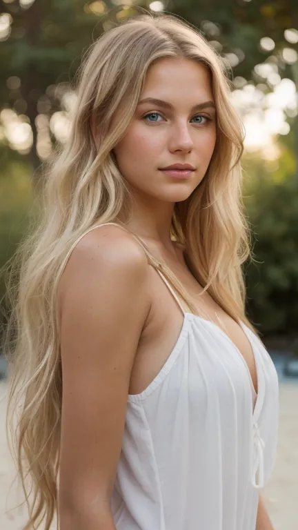 A photorealistic portrait of a 19-year-old Swedish girl with long, flowing blonde hair, striking green eyes, and tanned skin. Sh...