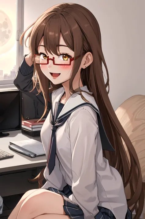 highest quality, masterpiece, high resolution, alone, {full moon_fleet collection:1.15}, long hair, brown hair, glasses, brown_e...