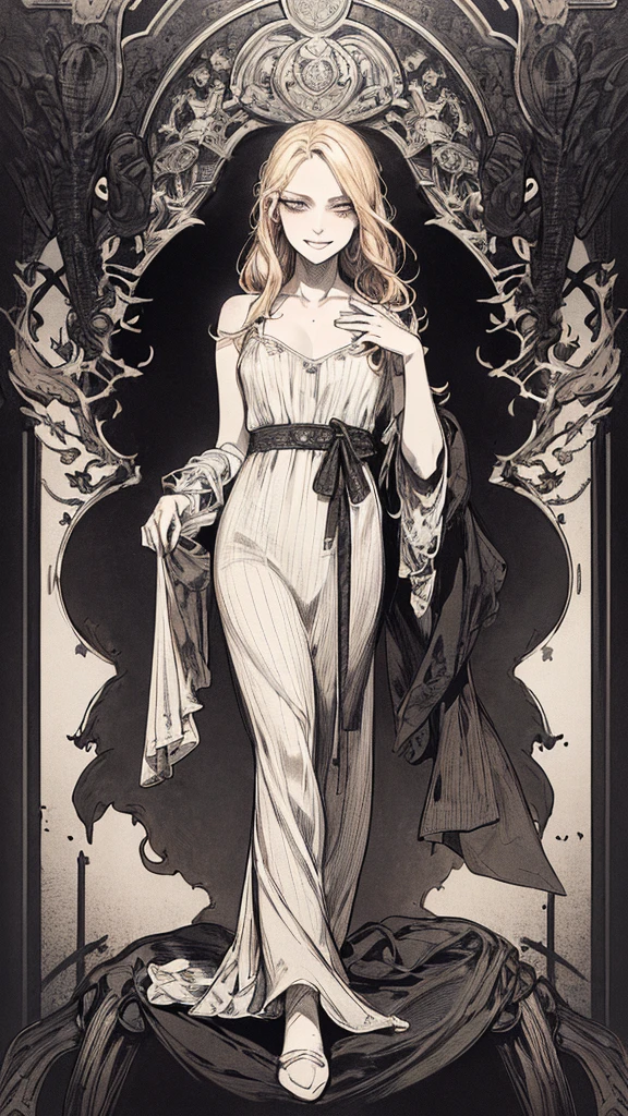 Highest quality, (Background details), High Contrast, Very beautiful  , Detailed original illustrations,very small stature、Baby Face、Villain、gnome, Wavy platinum blonde hair、 Delicate face,  Spoiled brat、White sundress、Real breasts, Flat Chest、Wicked Smile, Evil Eye, Black background, (Black background: 1. 5), Beautiful line art, Monochrome