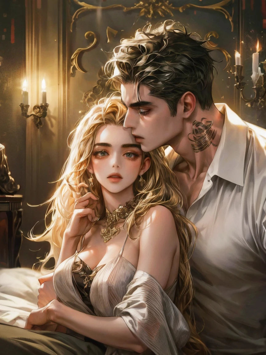 handsome young man kissing his girlfriend in his bedroom, he is a mafia boss with tattoos on his arm, she is sexy and beautiful, deep beautiful kiss with sexy pose