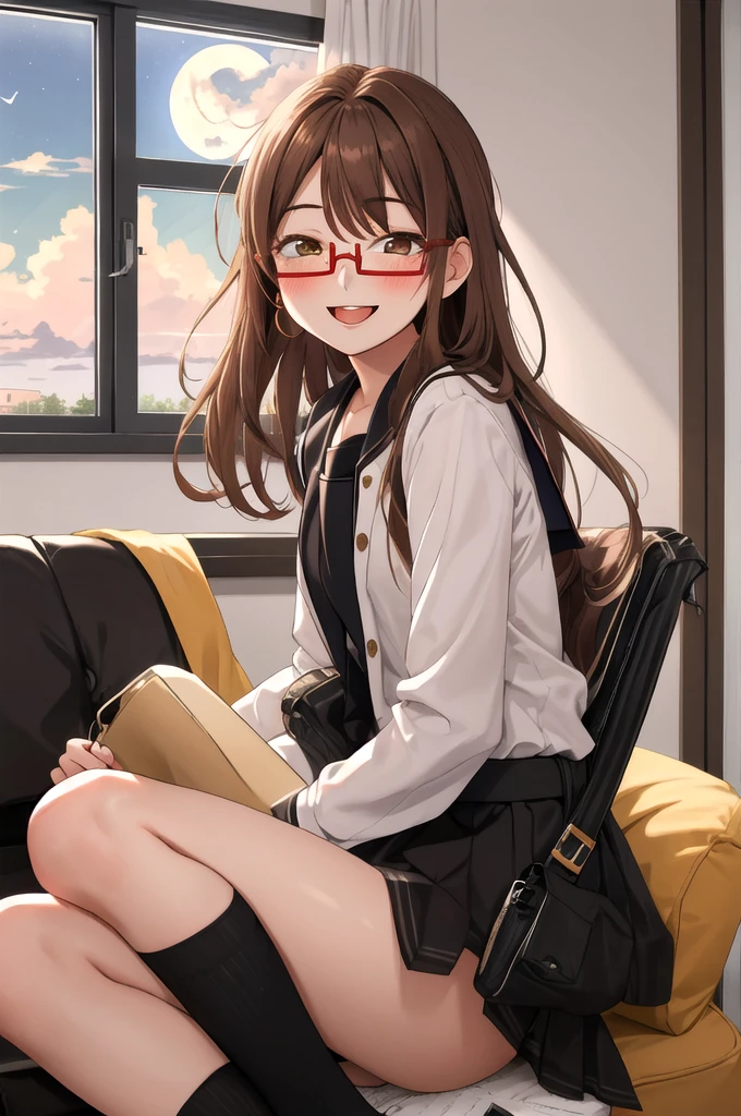 Highest quality, masterpiece, High resolution, alone, {full moon_Fleet Collection:1.15}, Long Hair, Brown Hair, Glasses, brown_eye, red-framed_Glasses, semi-rimless_Glasses, Crescent Moon, black_Seraphim, blush, Under Rim_Glasses, One girl, Closed_eye, Open_mouth, blackセーラー服, (indoor, office, living room), , blackスカート, smile, (Petite)