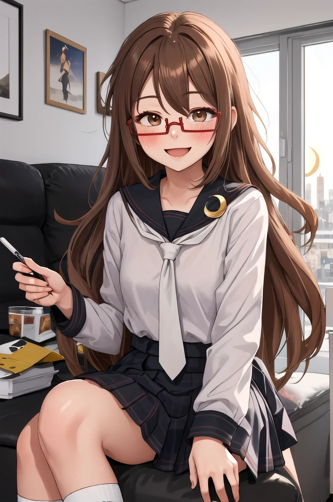 Highest quality, masterpiece, High resolution, alone, {full moon_Fleet Collection:1.15}, Long Hair, Brown Hair, Glasses, brown_eye, red-framed_Glasses, semi-rimless_Glasses, Crescent Moon, black_Seraphim, blush, Under Rim_Glasses, One girl, Closed_eye, Open_mouth, School_uniform, (indoor, office, living room), , blackスカート, smile, (Petite)