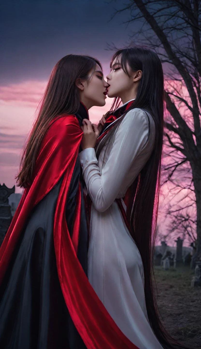 vampire teeth , ((((nighttime))) , 2girls,looking at each other in the eye, long hair , RAW photo, high quality, film grain,simple background, presenting, beautiful, (black and red lined satin cloak tied at the neck:1.20) , biting necks , breasts,big ass, clothes lift,bottomless,  moonlit graveyard , (2girls,yuri), 