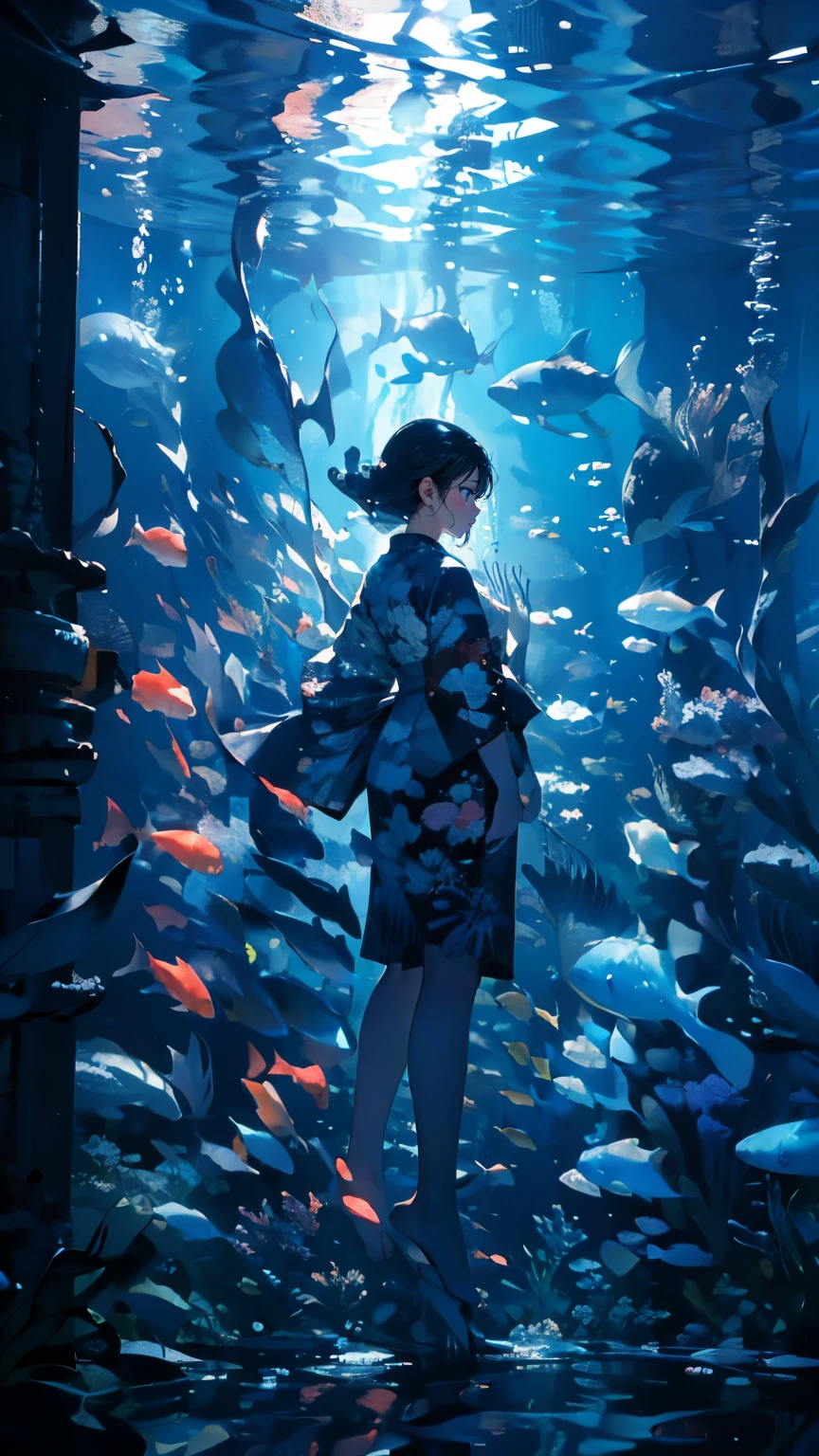 (masterpiece)、(Highest quality)、Very detailed、Perfect Face、(Solo full body shot:1.3)、(Underwater:1.4)、Ocean、Coral Reef、Light、bubble、jellyfish、Oceanの藻、(深Ocean:1.4)、Fantasy、Ocean底、Floating objects、kimono、