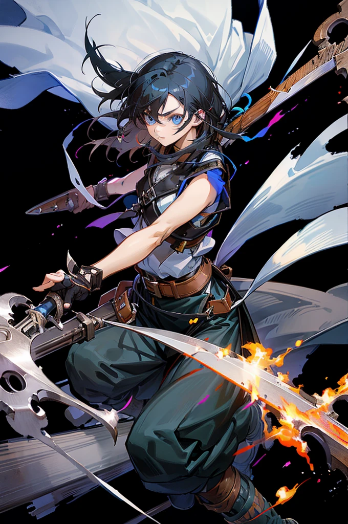 Medieval traveler, ANIME DASH, black hair and white highlights, blue colored eyes, scars, black sleeveless blouse, dark pants, brown buckle on body, sword in sheath.