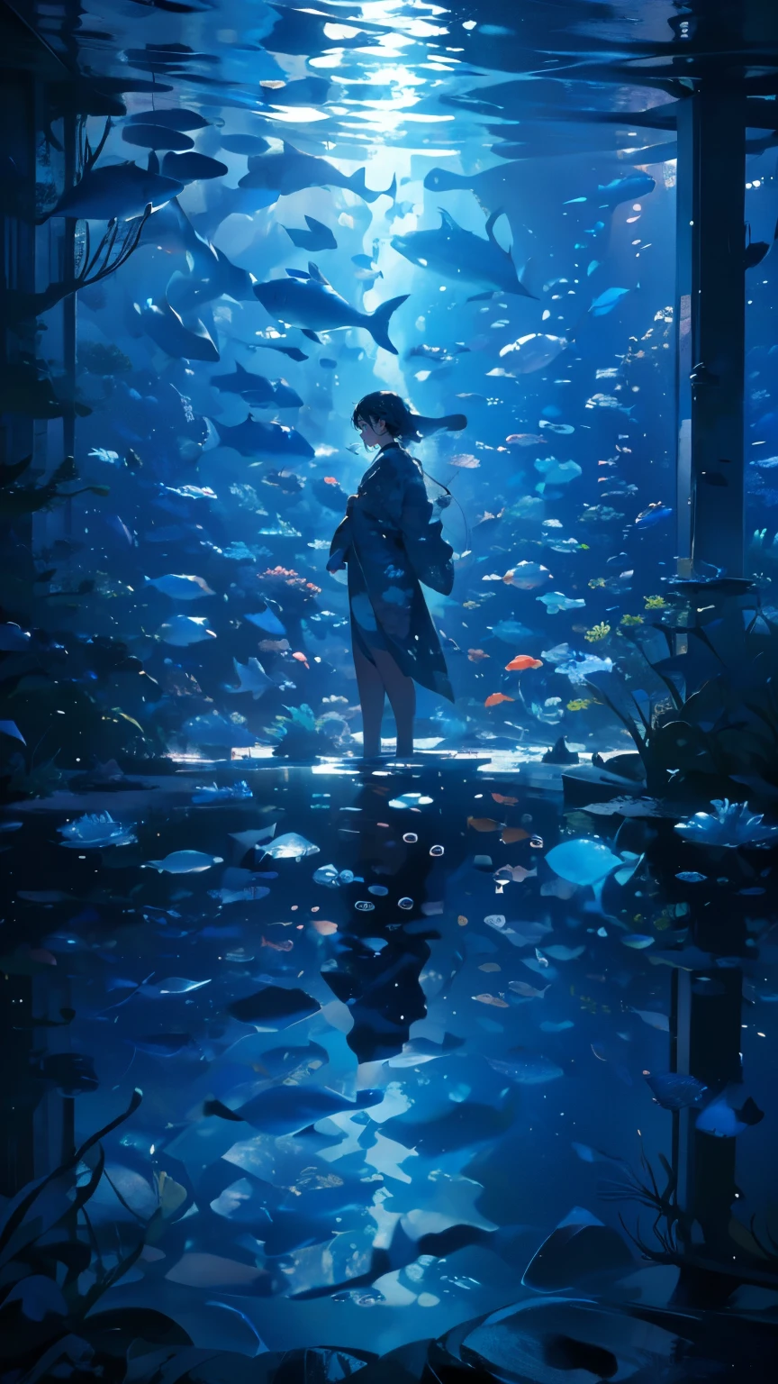 (masterpiece)、(Highest quality)、Very detailed、Perfect Face、(Solo full body shot:1.3)、(Underwater:1.4)、Ocean、Coral Reef、Light、bubble、jellyfish、Oceanの藻、(深Ocean:1.4)、Fantasy、Ocean底、Floating objects、kimono、