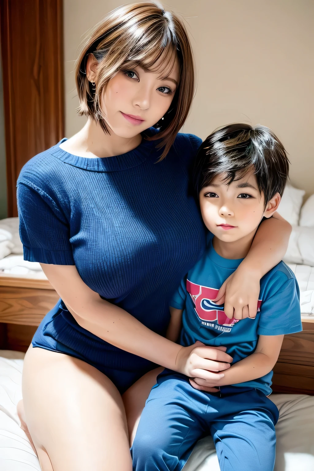 young boy sitting on his mother's lap in a cozy bedroom, blue appropriate underwear clothes. mommy and son, 1boy, thick thighs, just give me jackpots please, special, ohh a lap sitter which is a young boy on the female's lap