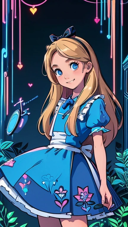 best quality,masterpiece,1girl,solo,(((13years old))),japanese girl,an extremely cute and handsome girl,highly detailed beautiful face and eyes,petit,cute face,lovely face,baby face,shy smile,show teeth, Blonde hair,long hair,flat chest,skinny,slender,(((wearing a Alice in Wonderland costume))),(((standing in Dark Midnight Neon Glow light Disneyland))),he is looking at the viewer,