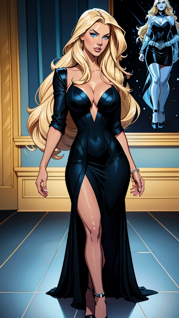 .2 Frau , langes glattes blondes Haar, strahlende und ausdrucksstarke blaue Augen, Sie entschied sich für ein elegantes schwarzes Kleid. Beute, Vollbusig. Comic-Stil. Marvel-Comics