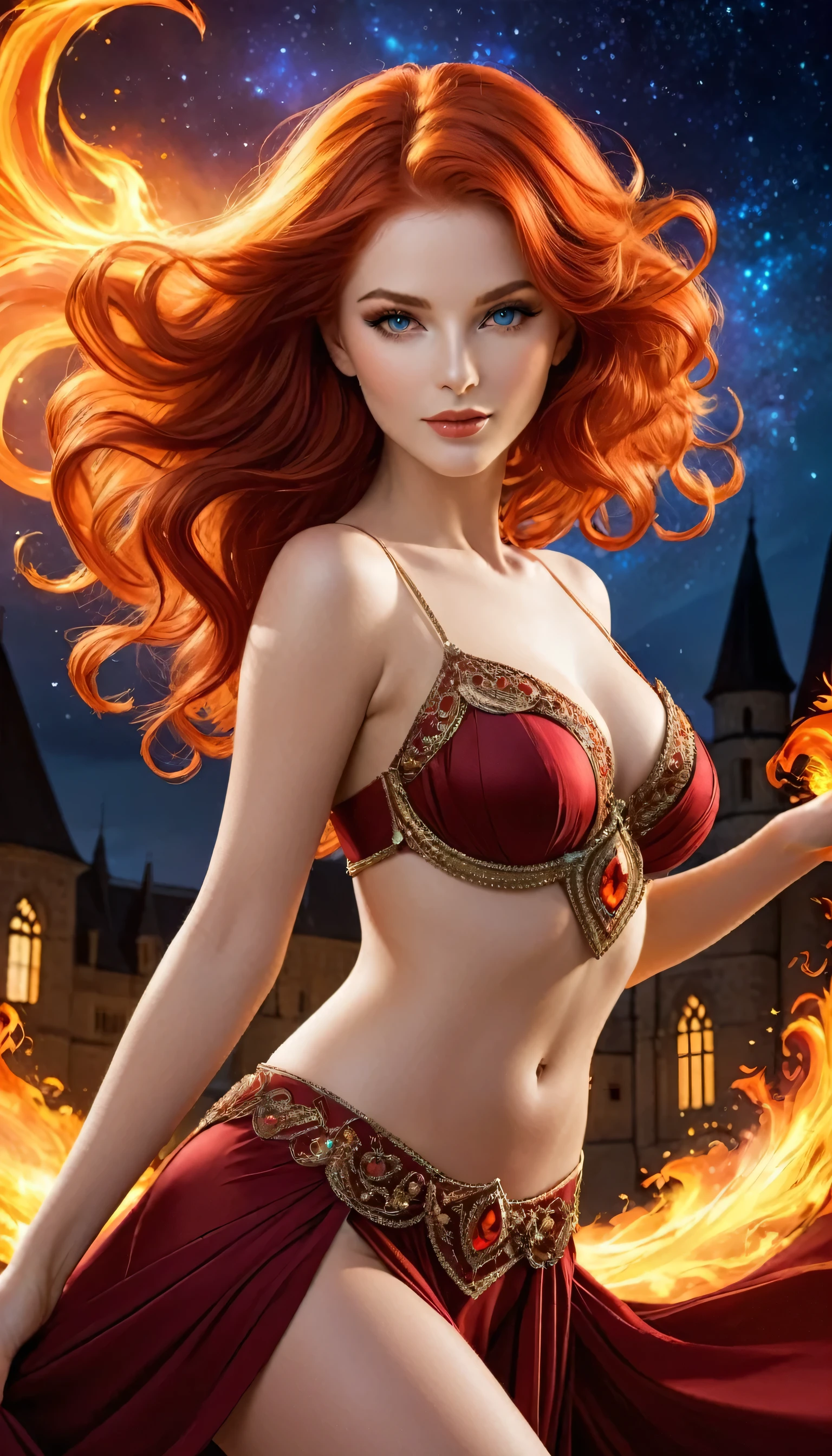 Professor Sybill Moonwhisper is a woman of remarkable beauty and magnetic presence at Camelot University of Magic.. Her flaming red hair, as alive as fire, cascade over your shoulders in seductive waves, standing out from the crowd with its color and splendor. Their eyes, the color of the night sky dotted with stars, shine with a mix of mystery and fascination, capturing the attention of everyone who approaches her. Her figure is sculpted with grace and sensuality, with smooth curves and a stance that exudes confidence and power. ella moves with a hypnotic elegance, as if dancing to the rhythm of an invisible song, captivating those around you with every graceful gesture. Sybill is known for her bold and provocative fashion, and her clothes always reflect her bold personality and appreciation for sensuality. ella&#39;Not afraid to show your natural beauty, often choosing clothes that highlight their curves and reveal some skin, leaving a trail of admiration wherever it goes. Despite her stunning appearance and irresistible charm,, Sybill is an incredibly competent and dedicated teacher. His passion for magic and divination is evident in his classes.., where she shares her vast knowledge with enthusiasm and skill, inspiring your students to explore the mysteries of the unknown. With your dazzling beauty and your sharp intelligence, A professora Sybill Moonwhisper é uma figura icônica na Camelot University of Magic, a true priestess of magical sensuality and a source of fascination and inspiration to all around her.