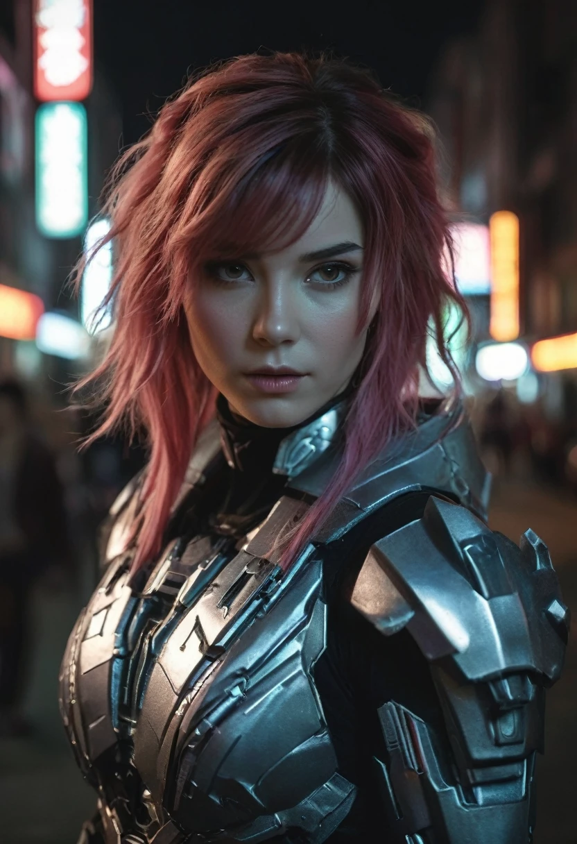 (realistic analog style sharp focus 8k raw photo with soft lighting and high quality:1.1),
(hdr film grain:1.2),movie poster,
a cute woman wearing a shiny (textured:1.2) (intricate:1.2) cyborgcosplay in a dark street at night, (cinematic hairstyle:1.2)