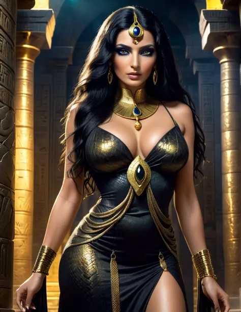 a beautiful mature egyptian goddess with snake skin, long flowing black hair, glowing golden eyes with reptilian pupils, swollen...