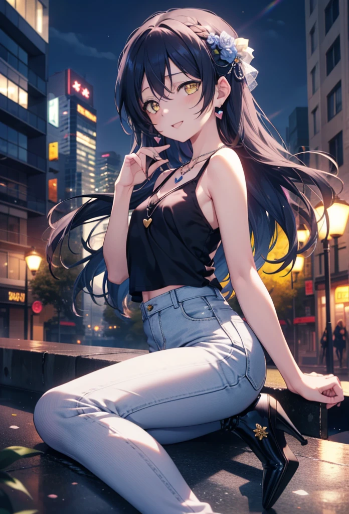 you like it, Umi Sonoda, Long Hair, Blue Hair, (Yellow Eyes:1.5) (Flat Chest:1.2),Blue Tank Top,Heart Necklace,Skinny jeans,Stiletto heels,happy smile, smile, Open your mouth,Walking,Daytime,Clear skies,whole bodyがイラストに入るように,
break outdoors, Building district,  　　　　　　　　　　　break looking at viewer,whole body,
break (masterpiece:1.2), Highest quality, High resolution, unity 8k wallpaper, (figure:0.8), (Beautiful attention to detail:1.6), Highly detailed face, Perfect lighting, Highly detailed CG, (Perfect hands, Perfect Anatomy),