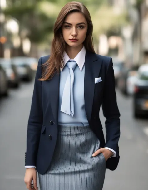 photo of krnglln, (((navy pinstripe silk skirt suit))), (((three-piece suit))), (((light blue dress shirt with white collar))), ...