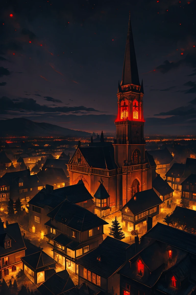 old European village shot with bird view, (Red glowing eyes), masterpiece, Depth of written boundary, Lutz, Gwaites style artwork, Gothic aesthetics, Dark Vampire village, ((in the dark gothic style cathle:1)), ((dark mid-night time:1.5)),