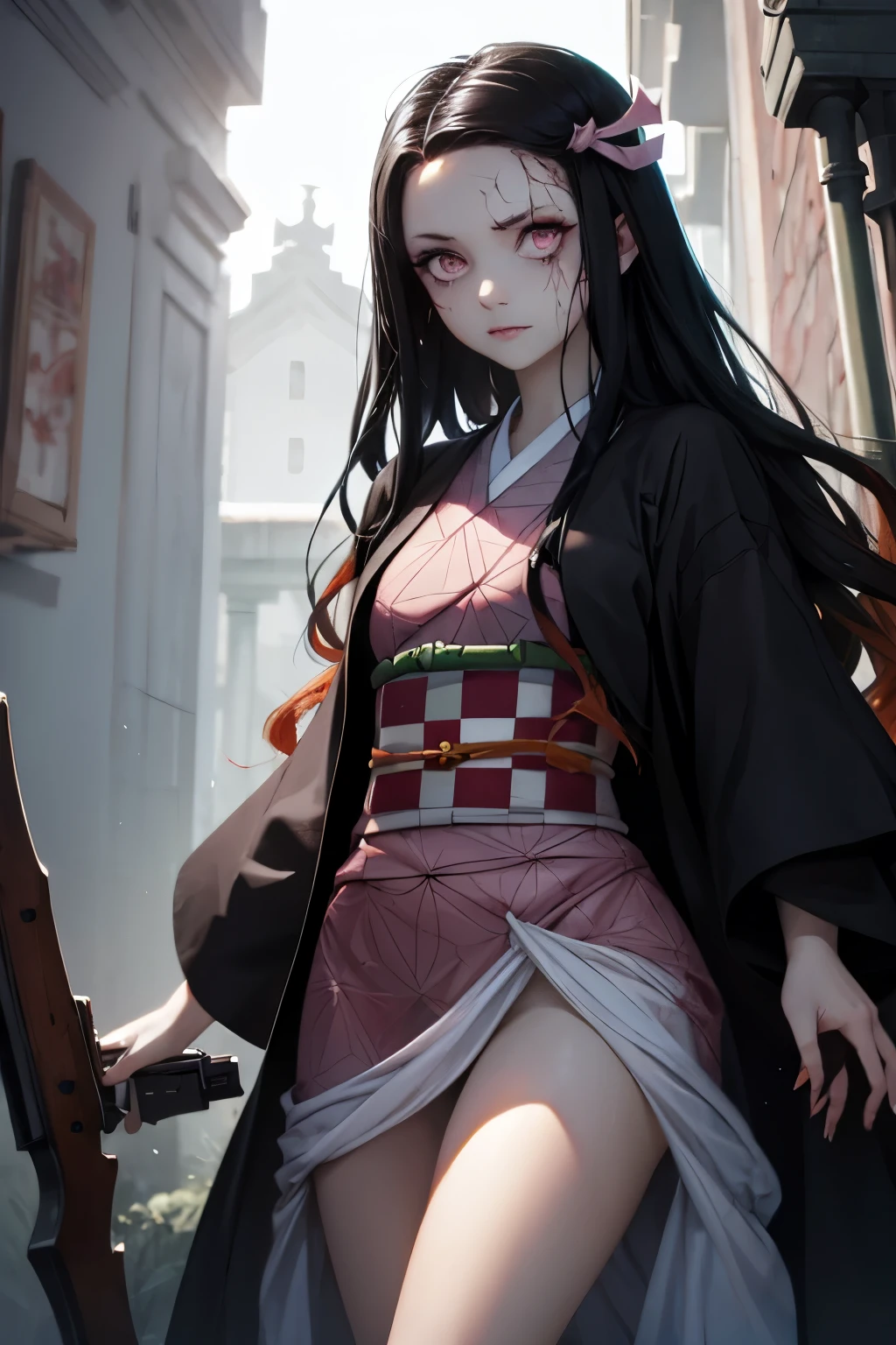 corpse, sinister, female, thin, pale, looking at the camera, ultra realistic, fully detailed, cemetery environment, bright eyes, white dress torn and stained with blood, , sensual, terrifying , angry , bruised by the body, exposed scar , slight smile, super detailed, white eyes,gun shots in the body,  black hair, Nezuko Kamado, Kimono open , pantie ,revelating clothes sexy   , night  .