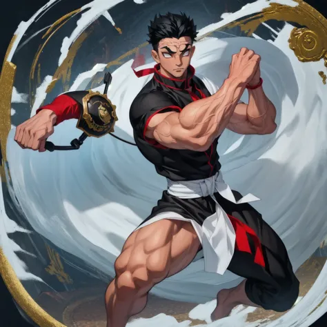 1male, black hair, white eyes, gyomei himejima (best quality, masterpiece: 1.4), fight position, ready to fight, fighting pose, ...