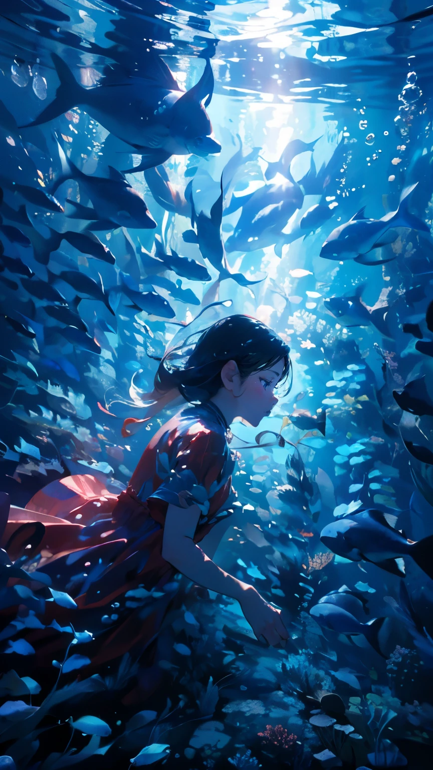 (masterpiece)、(Highest quality)、Very detailed、Perfect Face、solo、Upper Body、front、(Underwater:1.4)、Ocean、Coral Reef、Light、bubble、jellyfish、Oceanの藻、(深Ocean:1.4)、Fantasy、Ocean底、Floating objects、Red dress