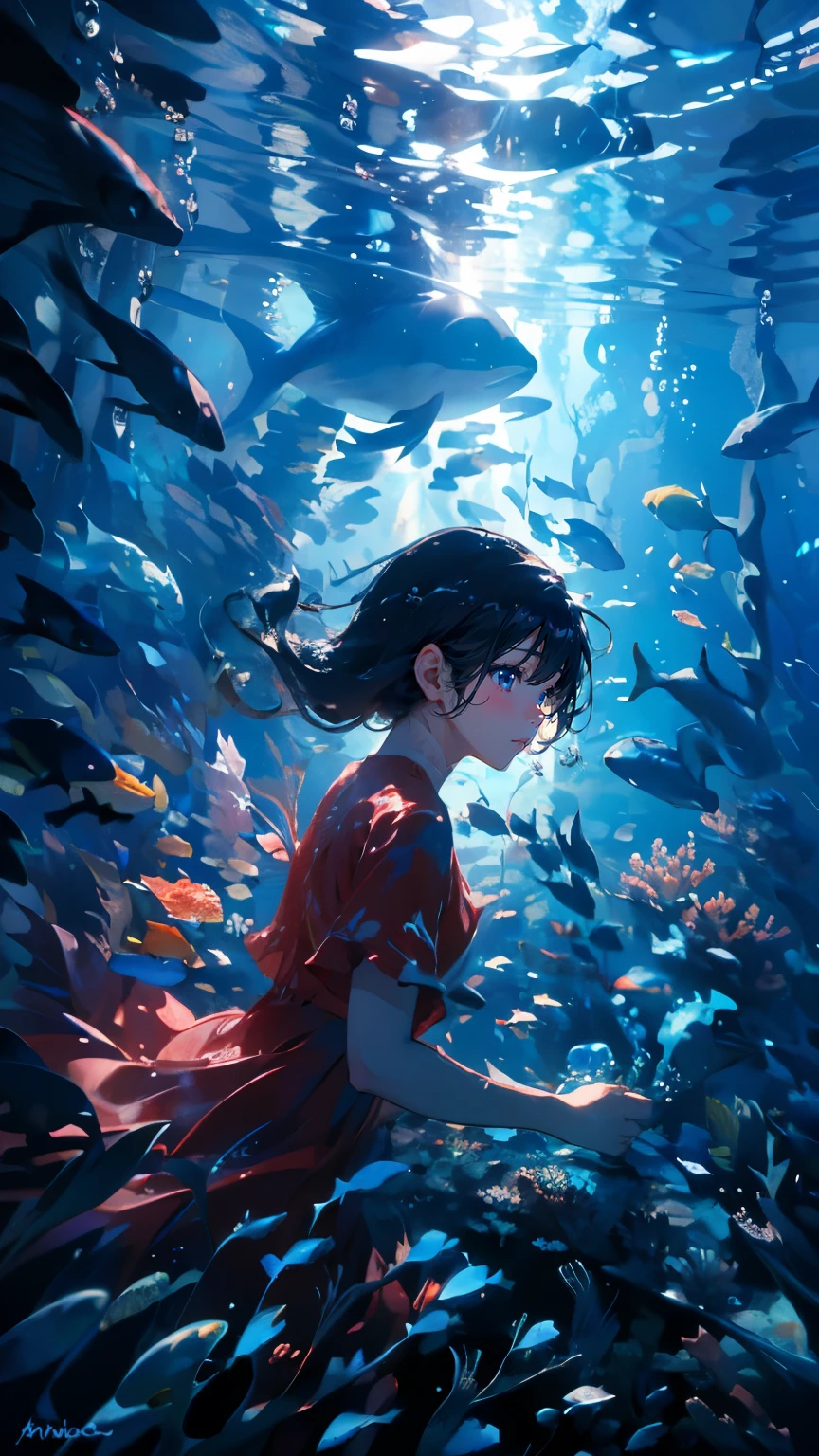 (masterpiece)、(Highest quality)、Very detailed、Perfect Face、solo、Upper Body、front、(Underwater:1.4)、Ocean、Coral Reef、Light、bubble、jellyfish、Oceanの藻、(深Ocean:1.4)、Fantasy、Ocean底、Floating objects、Red dress