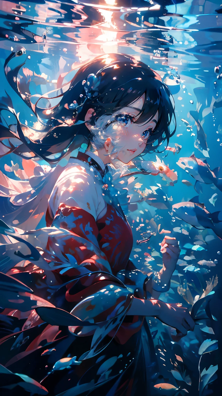 (masterpiece)、(Highest quality)、Very detailed、Perfect Face、solo、Upper Body、front、(Underwater:1.4)、Ocean、Coral Reef、Light、bubble、jellyfish、Oceanの藻、(深Ocean:1.4)、Fantasy、Ocean底、Floating objects、Red dress、Close-up of face、smile