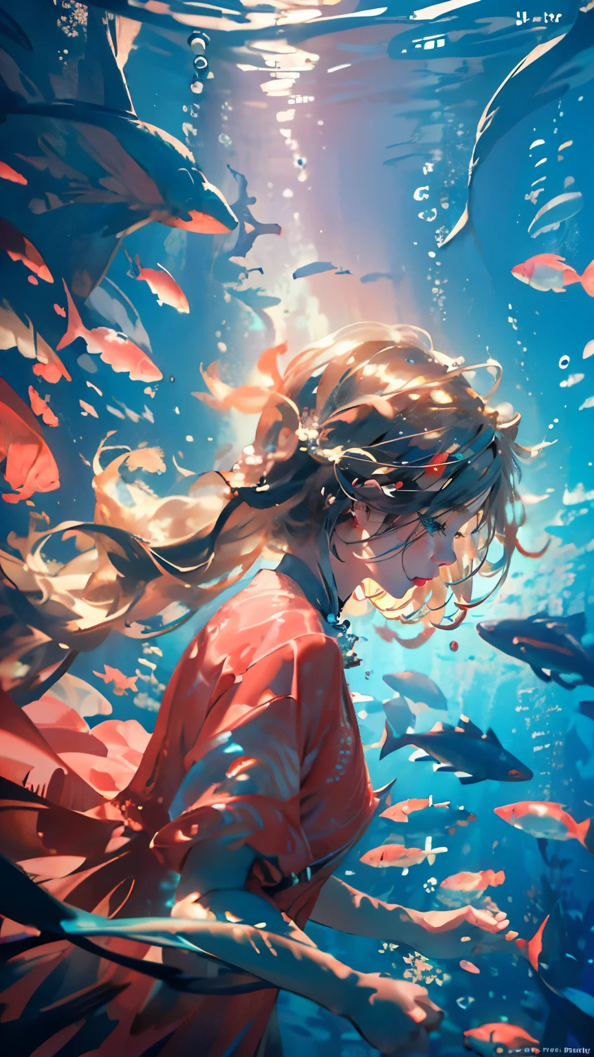 (masterpiece)、(Highest quality)、Very detailed、Perfect Face、solo、Upper Body、front、(Underwater:1.4)、Ocean、Coral Reef、Light、bubble、jellyfish、Oceanの藻、(深Ocean:1.4)、Fantasy、Ocean底、Floating objects、Red dress、Close-up of face、smile、Blonde、Pigtails、Freckles、