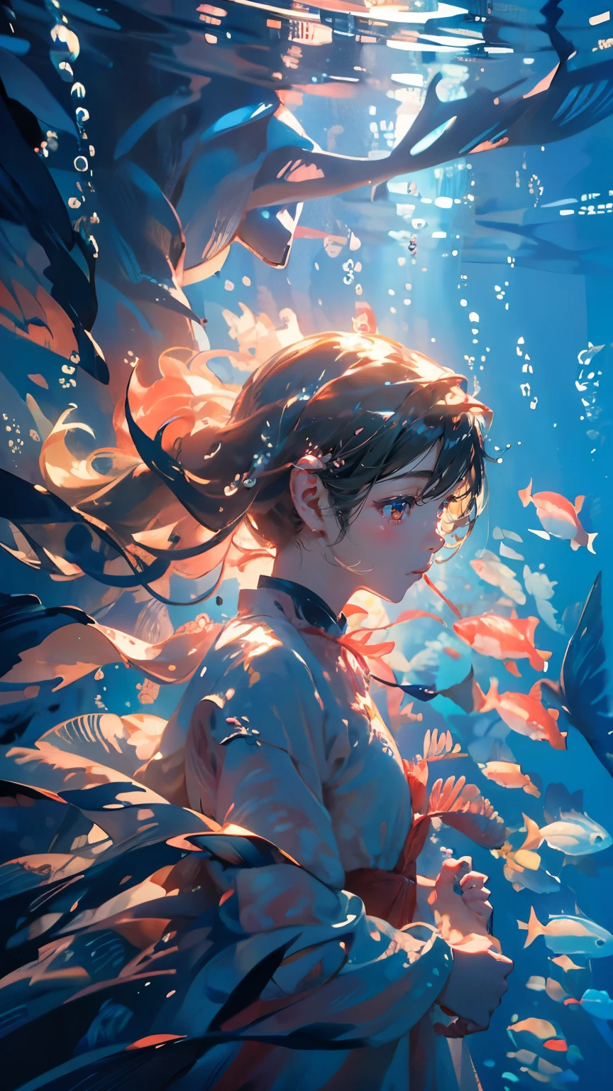 (masterpiece)、(Highest quality)、Very detailed、Perfect Face、solo、Upper Body、front、(Underwater:1.4)、Ocean、Coral Reef、Light、bubble、jellyfish、Oceanの藻、(深Ocean:1.4)、Fantasy、Ocean底、Floating objects、Red dress、Close-up of face、smile、Blonde、Pigtails、Freckles、