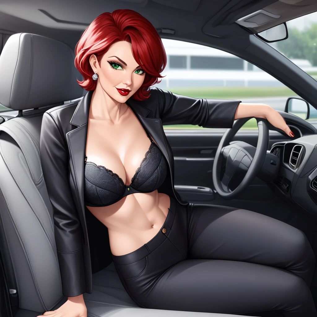 belle femme aux cheveux roux, Cheveux courts, mature, corps élancé, veste noire, pantalon noir, soutien-gorge noir, Rouge à lèvres rouge, yeux verts, sur le côté d&#39;une voiture violette