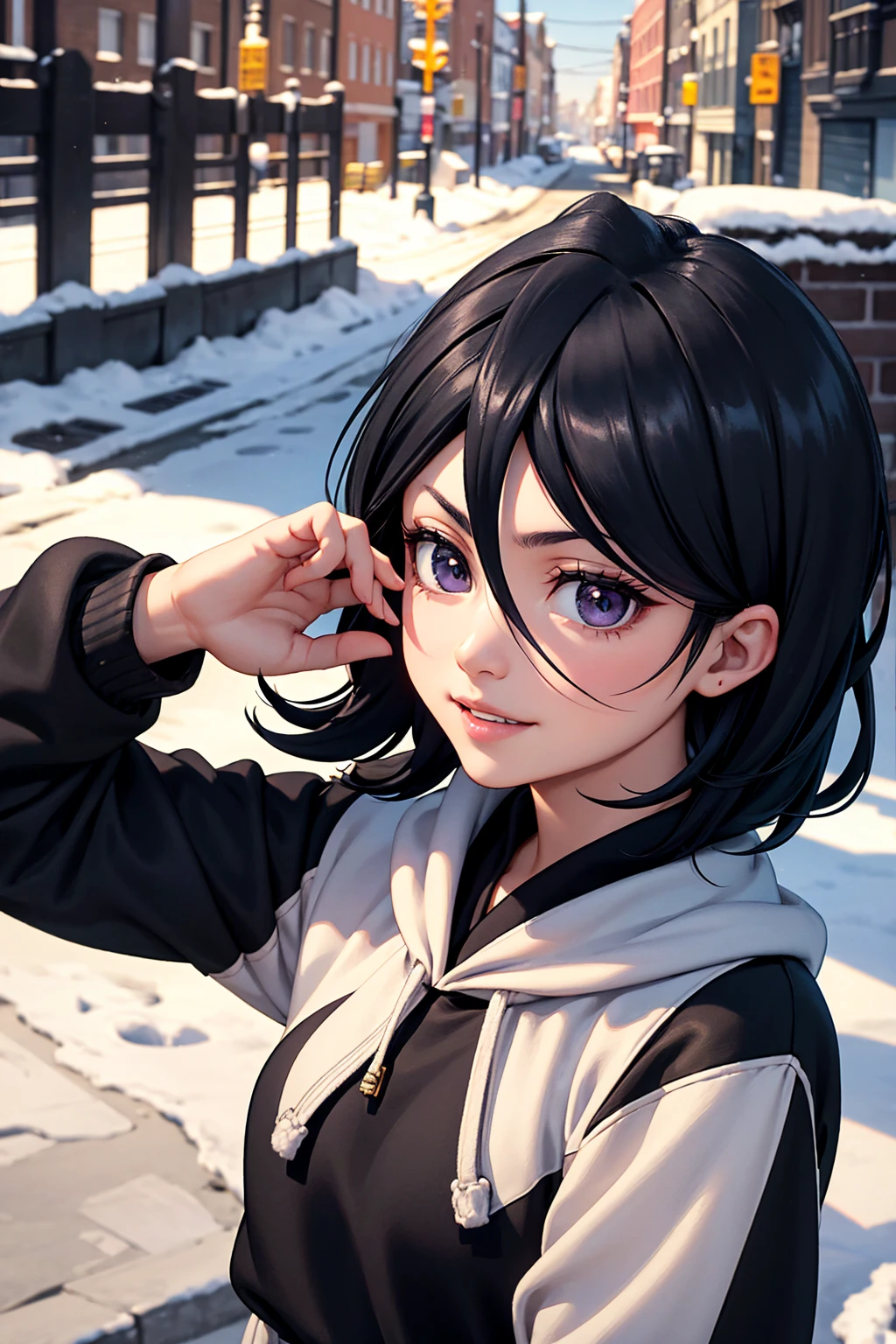 rich in detail:1.5, high resolution, Natural strokes and colors, natural lighting, face detailed, detailed hair, eye detailed, detailed nose, detailed lips. an adult and beautiful girl:1.9, wearing a sweatshirt, um cachecol, some gloves, snowy city, with short black hair, and with a smile rukia kuchiki.