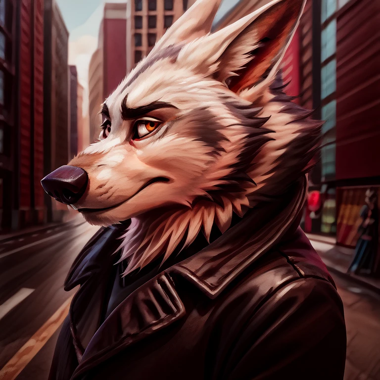 Vortex hellhound, wolf, furry, helluva boss, wearing a (leather jacket), solo, wolf, white fur, BREAK, city background, (intricate, high detail, film photography, soft focus, RAW candid cinema, photorealism, realistic, photorealistic, analog style, subsurface scattering, masterpiece, best quality, ultra realistic, 8k), profile picture, full body image